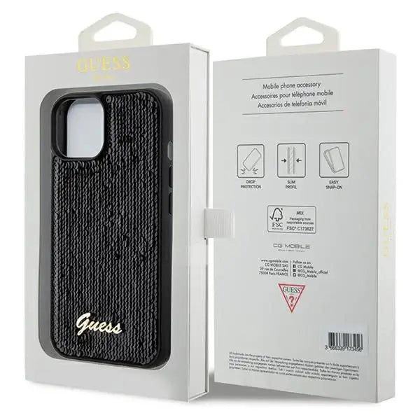 Guess Sequin Script Metal case for iPhone 15 - black - Cell phone cases and covers<<<HurtelXML
