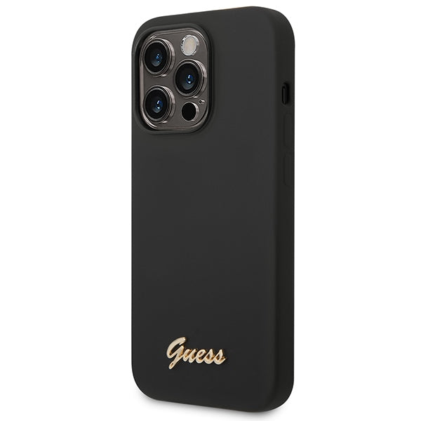 Guess Silicone Vintage Gold Logo iPhone 14 Pro Case - Black