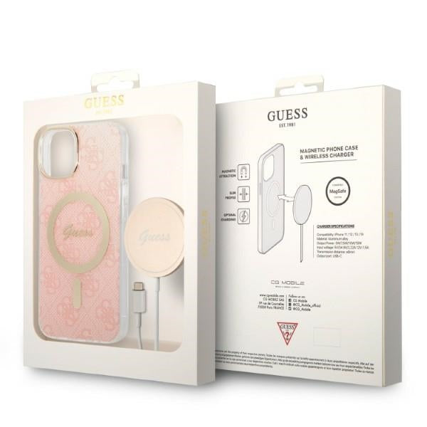 Set Guess GUBPP14MH4EACSP Case+ Charger iPhone 14 Plus 6.7" pink/pink hard case 4G Print MagSafe