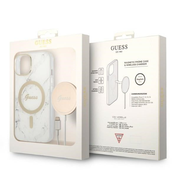 Set Guess GUBPP14SHMEACSH Case+ Charger iPhone 14 6.1&quot; white/white hard case Marble MagSafe