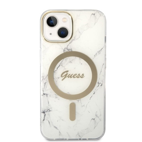 Set Guess GUBPP14SHMEACSH Case+ Charger iPhone 14 6.1&quot; white/white hard case Marble MagSafe