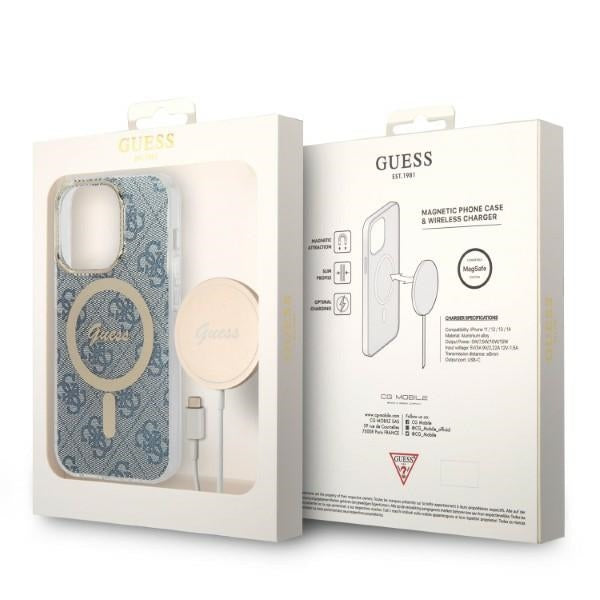 Set Guess GUBPP14XH4EACSB Case+ Charger iPhone 14 Pro Max 6.7" blue/blue hard case 4G Print MagSafe