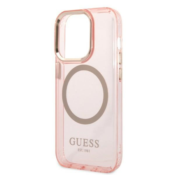 Guess GUHMP14LHTCMP iPhone 14 Pro 6.1" pink/pink hard case Gold Outline Translucent MagSafe