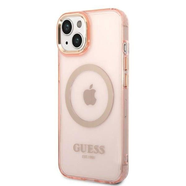 Guess GUHMP14MHTCMP iPhone 14 Plus 6.7" pink/pink hard case Gold Outline Translucent MagSafe