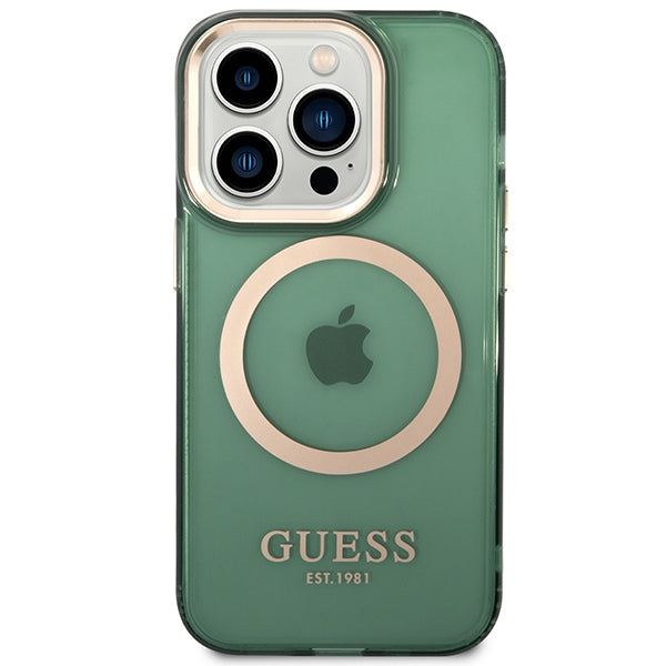 Guess GUHMP14XHTCMA iPhone 14 Pro Max 6.7" green/khaki hard case Gold Outline Translucent MagSafe
