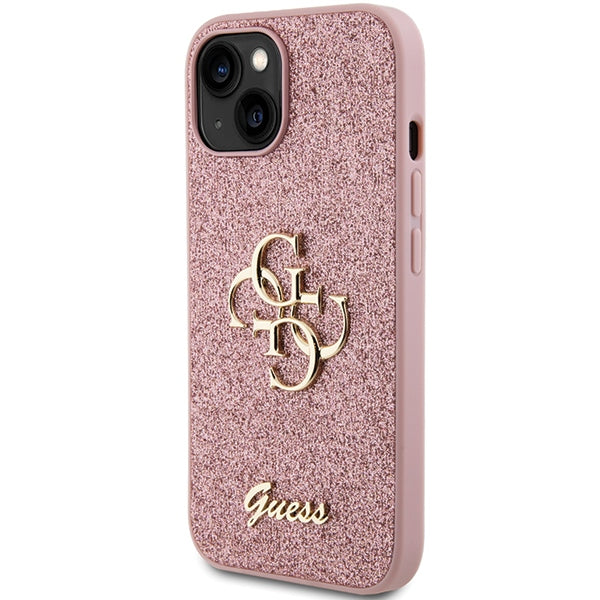 Guess Glitter Script Big 4G case for iPhone 15 - pink