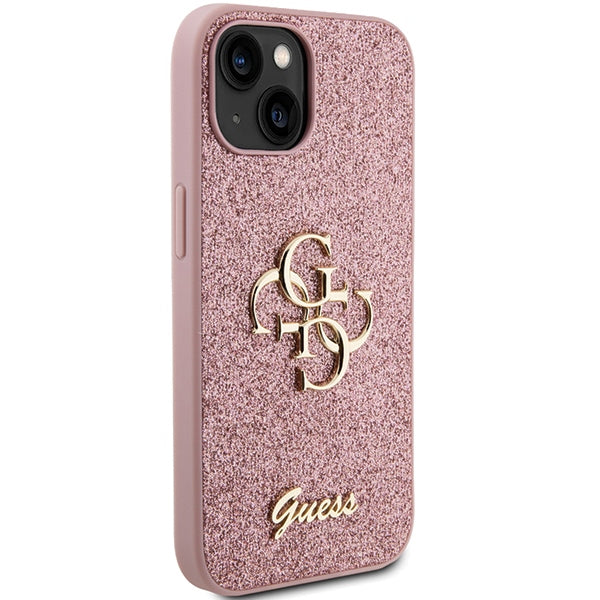 Guess Glitter Script Big 4G case for iPhone 15 - pink