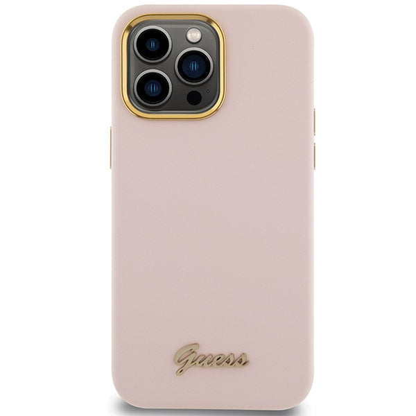 Guess Silicone Script Metal Logo & Frame case for iPhone 15 Pro - pink