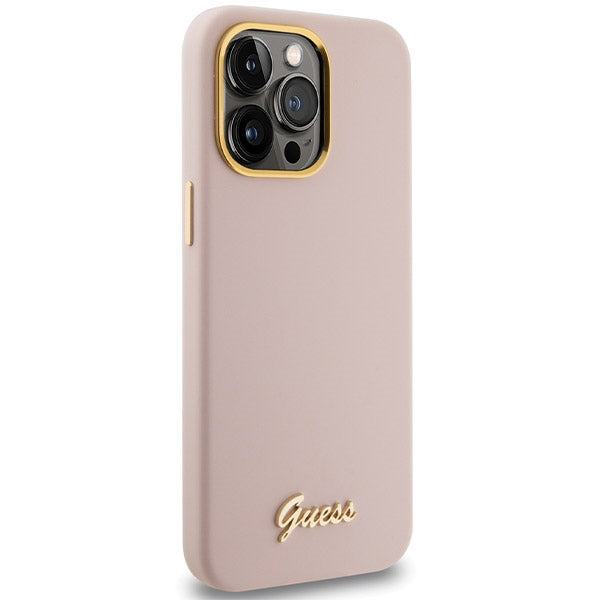 Guess Silicone Script Metal Logo &amp; Frame case for iPhone 15 Pro Max - pink