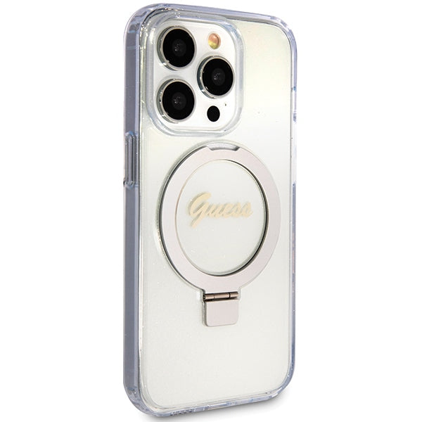 Guess Ring Stand Script Glitter MagSafe case for iPhone 15 Pro - transparent