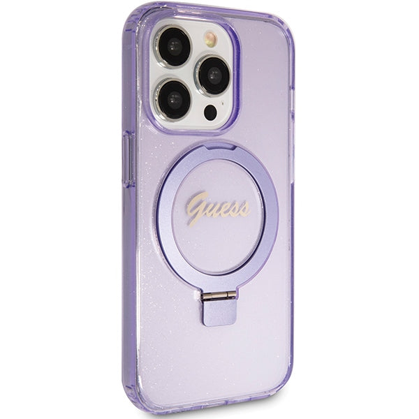 Guess Ring Stand Script Glitter MagSafe case for iPhone 15 Pro - purple