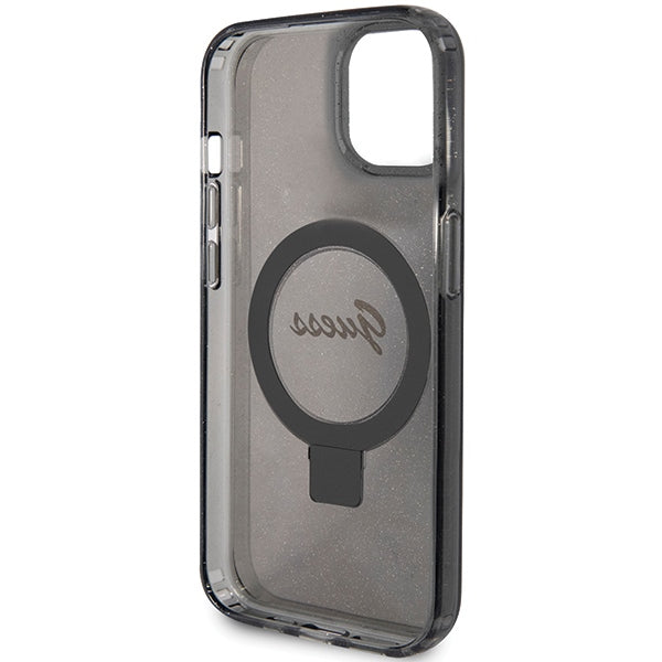 Guess Ring Stand Script Glitter MagSafe Case for iPhone 15 Plus / 14 Plus - Black
