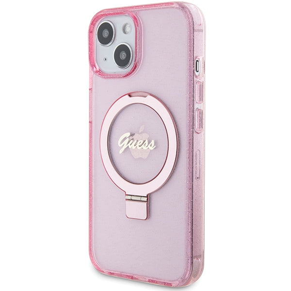 Guess Ring Stand Script Glitter MagSafe case for iPhone 15 Plus / 14 Plus - pink
