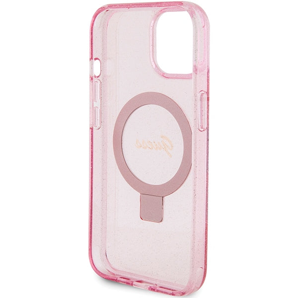 Guess Ring Stand Script Glitter MagSafe case for iPhone 15 Plus / 14 Plus - pink