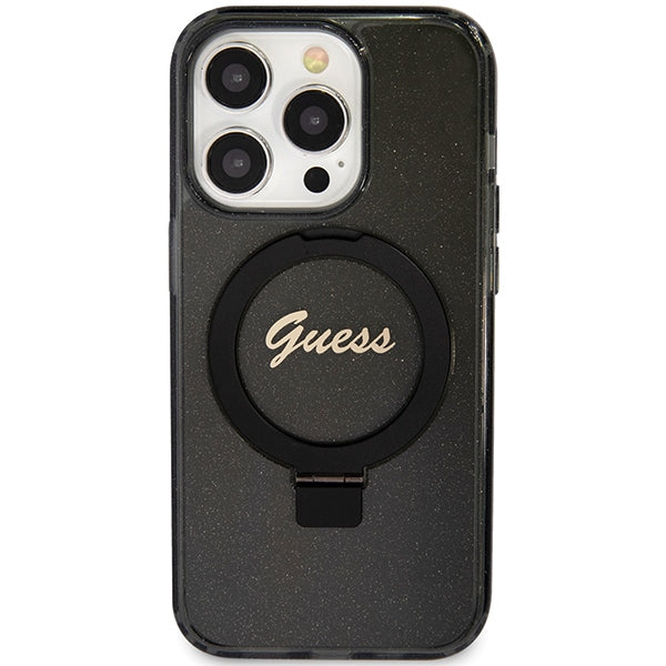 Guess Ring Stand Script Glitter MagSafe case for iPhone 15 Pro Max - black