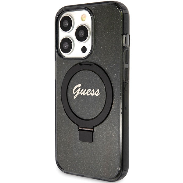 Guess Ring Stand Script Glitter MagSafe case for iPhone 15 Pro Max - black