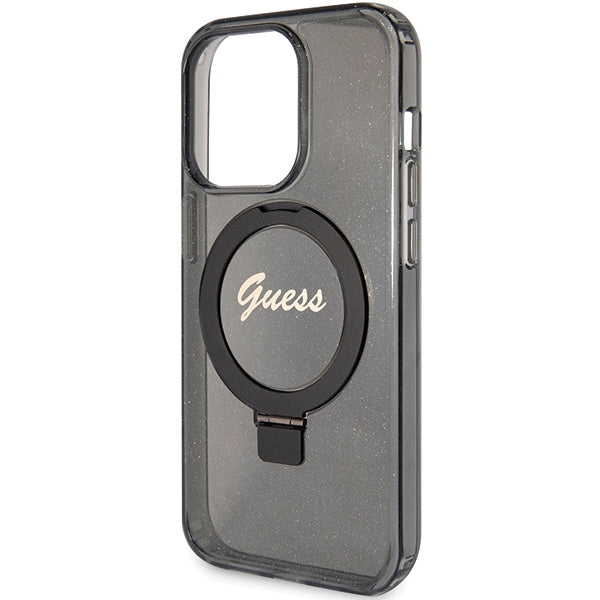 Guess Ring Stand Script Glitter MagSafe case for iPhone 15 Pro Max - black