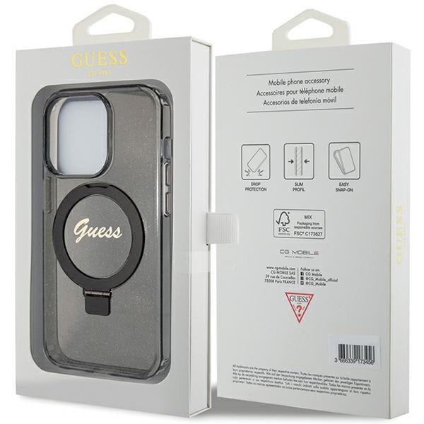 Guess Ring Stand Script Glitter MagSafe case for iPhone 15 Pro Max - black
