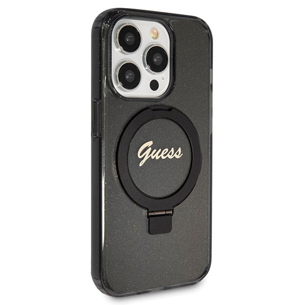 Guess Ring Stand Script Glitter MagSafe case for iPhone 14 Pro - black