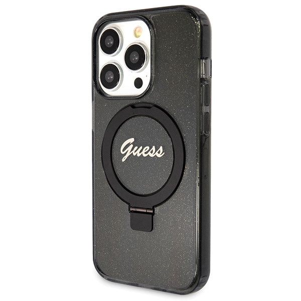 Guess Ring Stand Script Glitter MagSafe case for iPhone 14 Pro - black