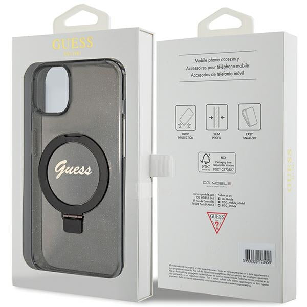 Guess Ring Stand Script Glitter MagSafe case for iPhone 14 / 15 / 13 - black