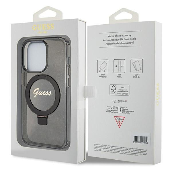 Guess Ring Stand Script Glitter MagSafe case for iPhone 14 Pro Max - black