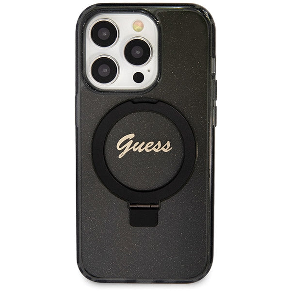 Guess Ring Stand Script Glitter MagSafe case for iPhone 14 Pro Max - black