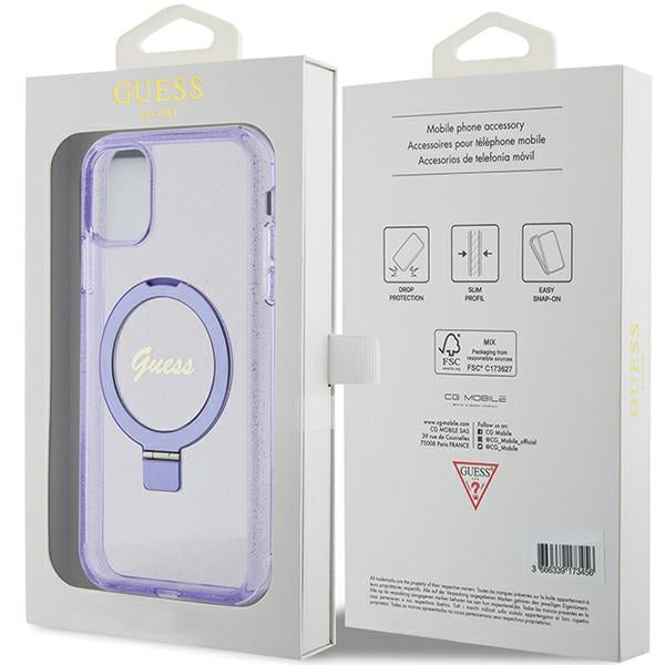 Guess Ring Stand Script Glitter MagSafe case for iPhone 11 / Xr - purple