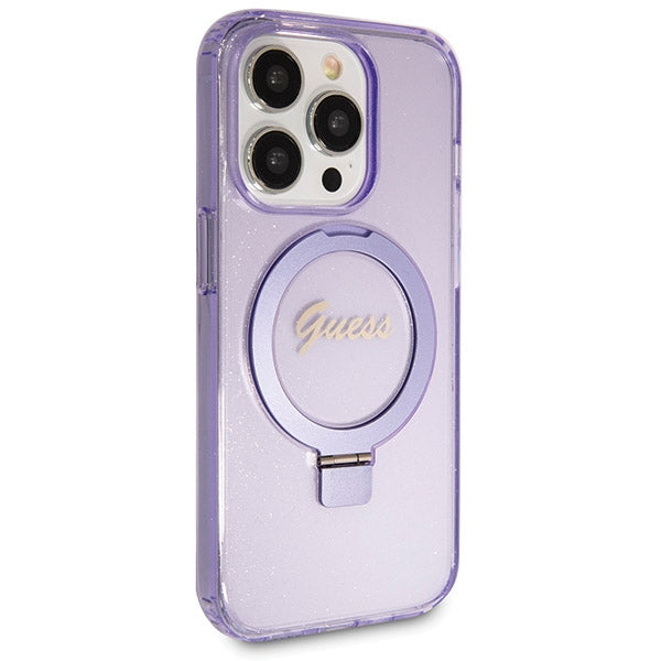 Guess Ring Stand Script Glitter MagSafe case for iPhone 14 Pro - purple