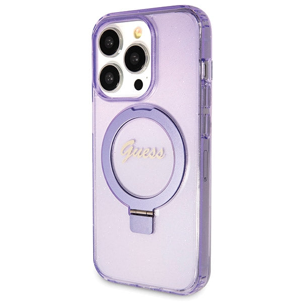 Guess Ring Stand Script Glitter MagSafe case for iPhone 14 Pro Max - purple