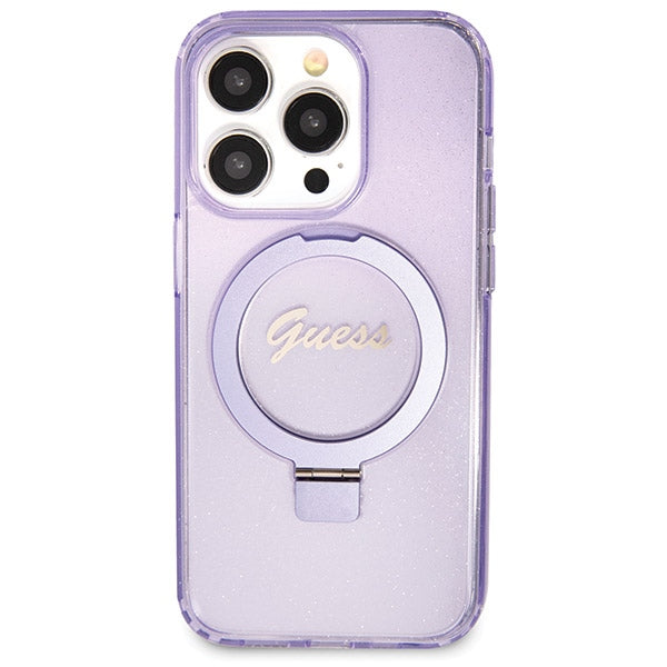 Guess Ring Stand Script Glitter MagSafe case for iPhone 14 Pro Max - purple