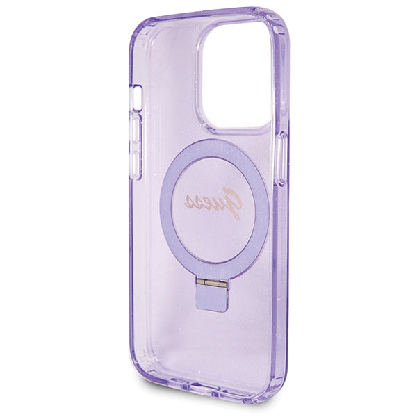 Guess Ring Stand Script Glitter MagSafe case for iPhone 14 Pro Max - purple
