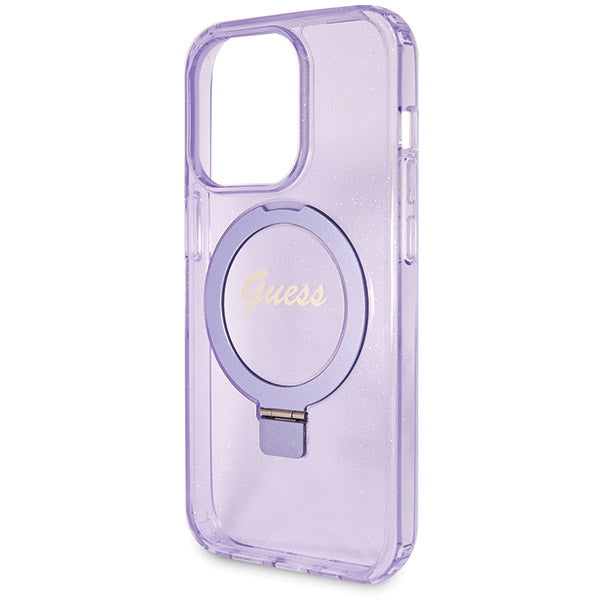 Guess Ring Stand Script Glitter MagSafe case for iPhone 14 Pro Max - purple