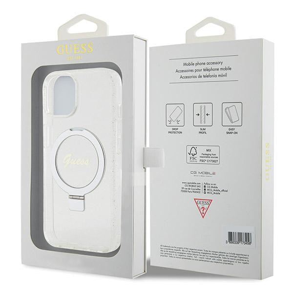 Guess Ring Stand Script Glitter MagSafe case for iPhone 15 / 14 / 13 - transparent