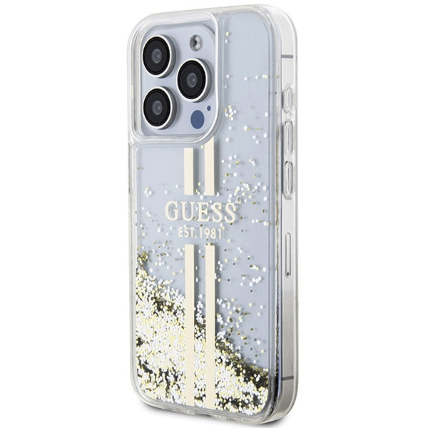 Guess Liquid Glitter Gold Stripes case for iPhone 15 Pro - transparent
