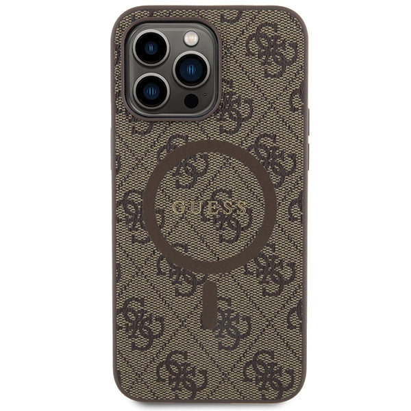 Guess 4G Collection Leather Metal Logo MagSafe Case for iPhone 14 Pro - Brown