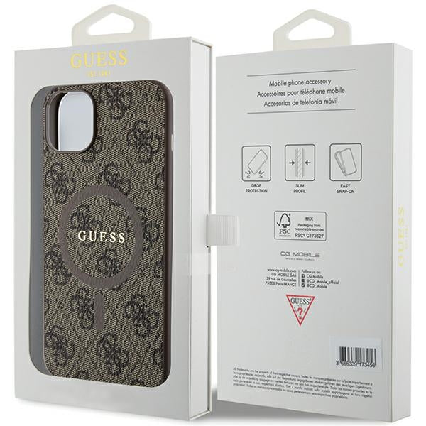 Guess 4G Collection Leather Metal Logo MagSafe Case for iPhone 14/15/13 - Brown