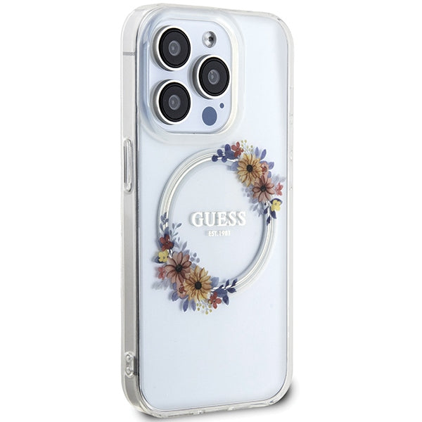 Guess IML Flowers Wreatch MagSafe case for iPhone 15 Pro - transparent