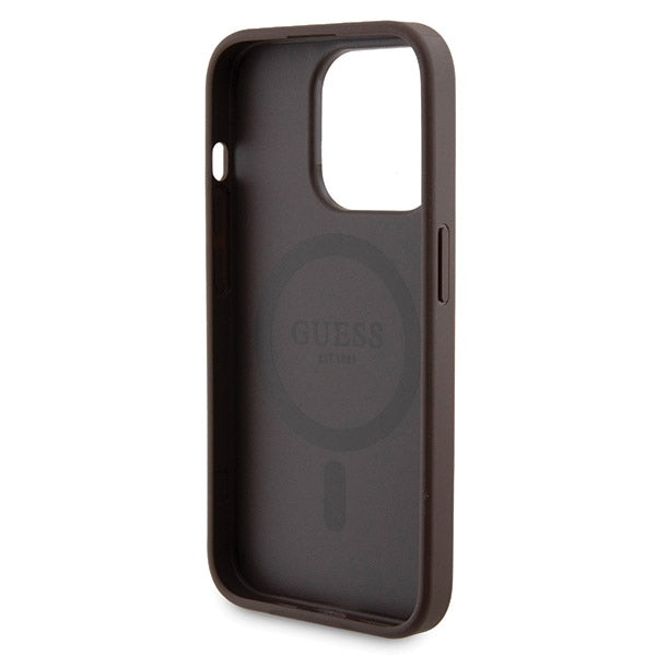 Guess 4G Metal Logo case set for iPhone 15 Pro + 5000mAh MagSafe power bank - brown