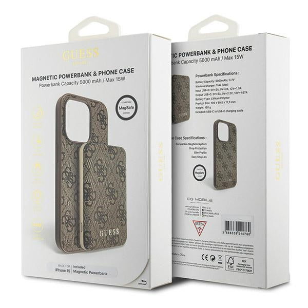 Guess 4G Metal Logo case set for iPhone 15 + 5000mAh MagSafe power bank - brown