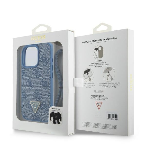 Guess Leather Metal Logo Strass Crossbody Case for iPhone 16 Pro - Blue