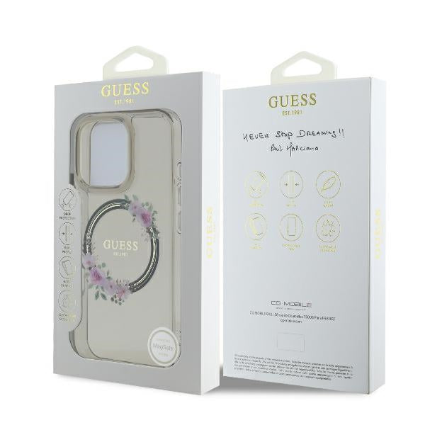 Guess IML Flowers Wreath MagSafe Case for iPhone 16 Pro - Black