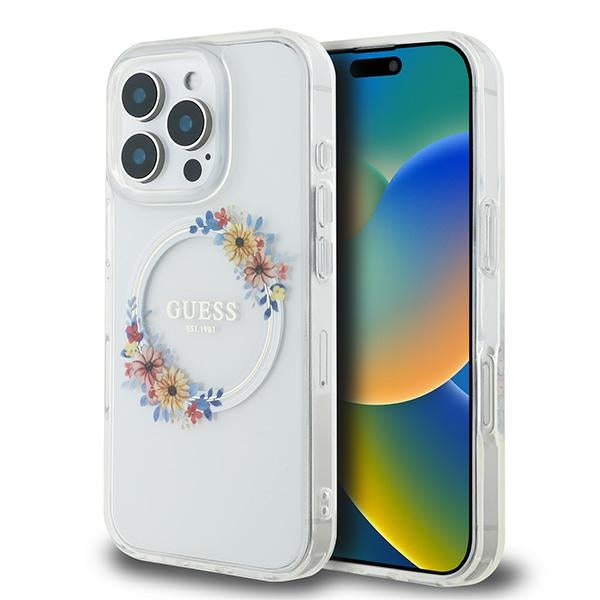 Guess IML Flowers Wreath MagSafe Case for iPhone 16 Pro - Clear