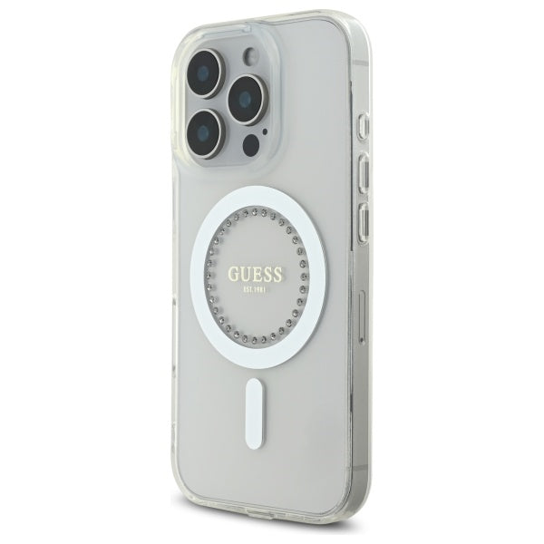 Guess IML Rhinestones MagSafe Case for iPhone 16 Pro - White