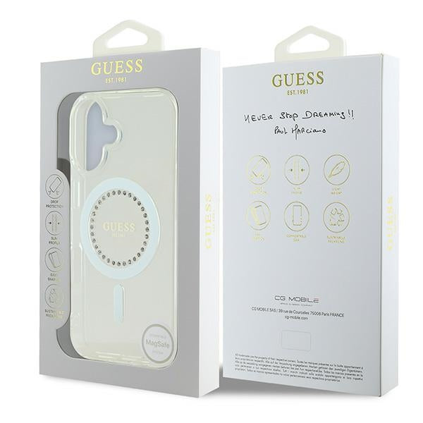 Guess IML Rhinestones MagSafe Case for iPhone 16 Plus - White