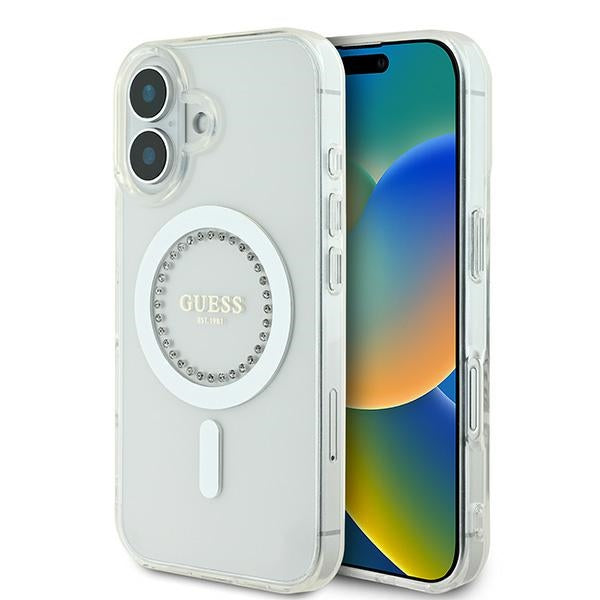 Guess IML Rhinestones MagSafe Case for iPhone 16 Plus - White