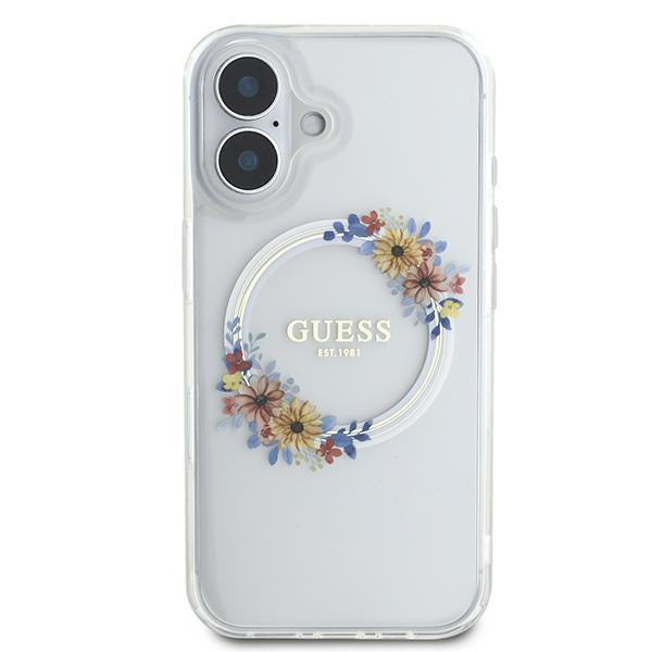 Guess IML Flowers Wreath MagSafe Case for iPhone 16 - Transparent