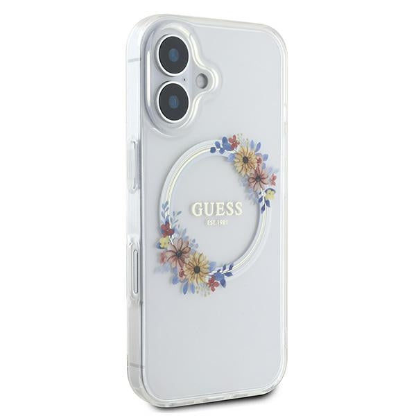 Guess IML Flowers Wreath MagSafe Case for iPhone 16 - Transparent