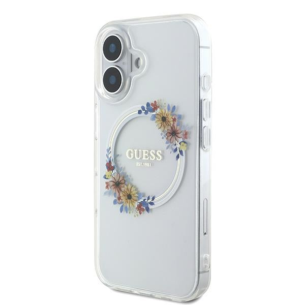 Guess IML Flowers Wreath MagSafe Case for iPhone 16 - Transparent