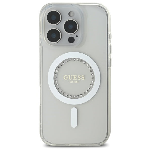 Guess IML Rhinestones MagSafe Case for iPhone 16 Pro Max - White